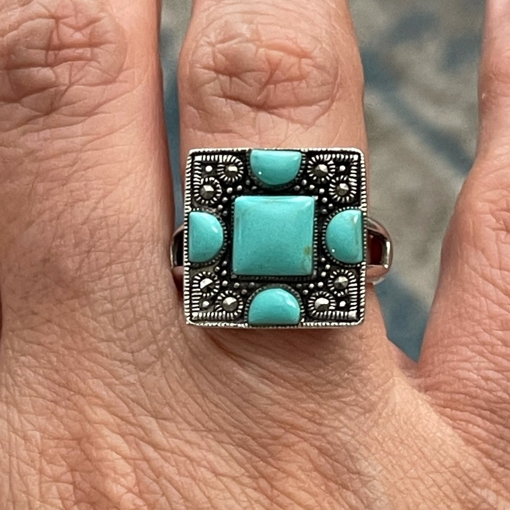 Turquoise marcasite sterling silver ring - Picture 2 of 8